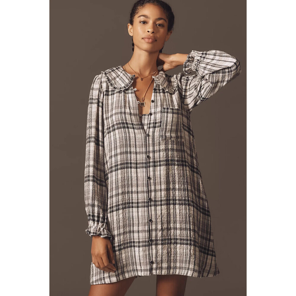 The Keira Long-Sleeve Mini Dress by Pilcro White Black Plaid Gauzy Soft M